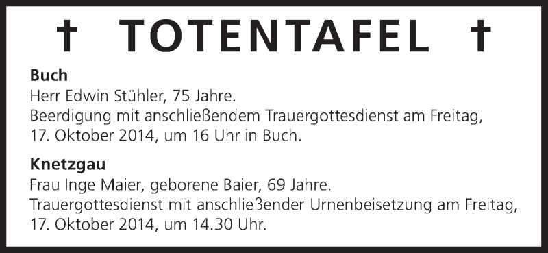  Traueranzeige für Totentafel vom 15.10.2014 vom 15.10.2014 aus MGO