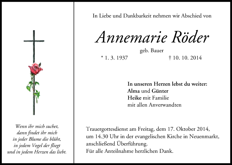  Traueranzeige für Annemarie Röder vom 15.10.2014 aus MGO