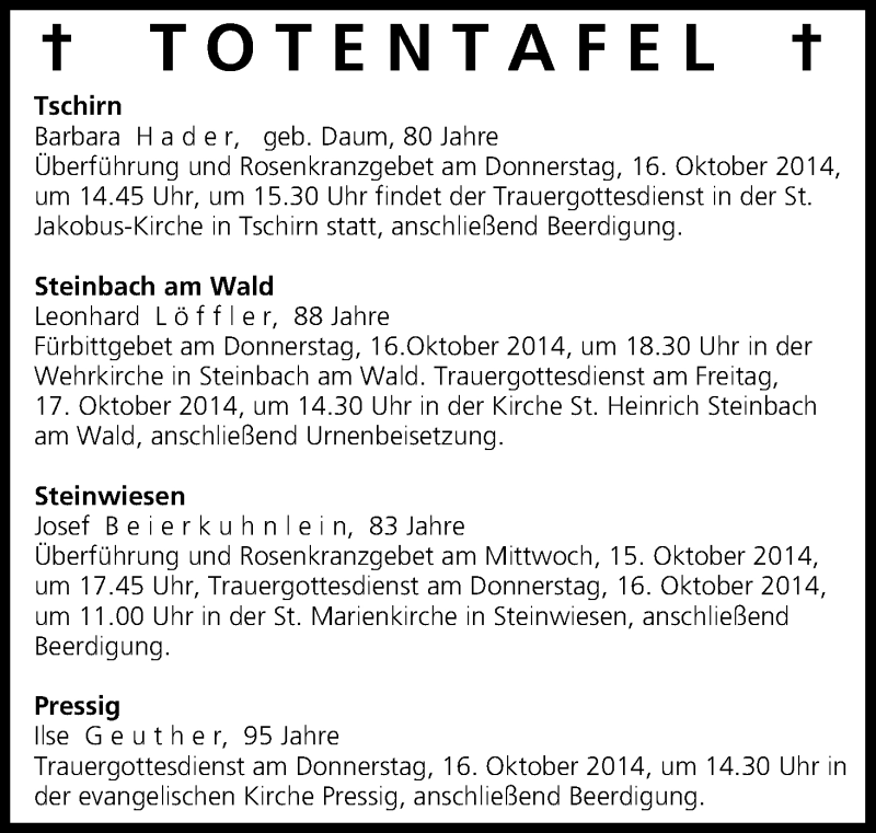  Traueranzeige für Totentafel vom 15.10.2014 vom 15.10.2014 aus MGO