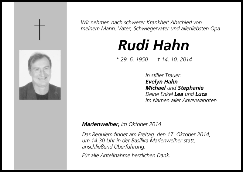  Traueranzeige für Rudi Hahn vom 16.10.2014 aus MGO