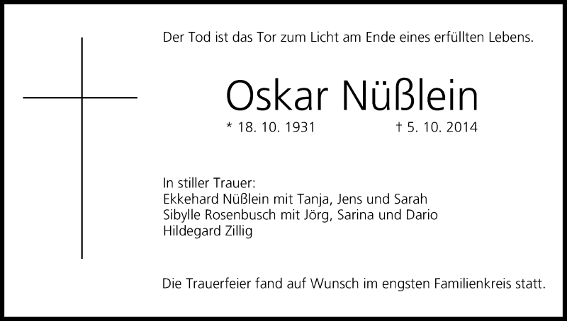  Traueranzeige für Oskar Nüßlein vom 18.10.2014 aus MGO