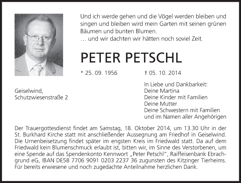  Traueranzeige für Peter Petschl vom 16.10.2014 aus MGO
