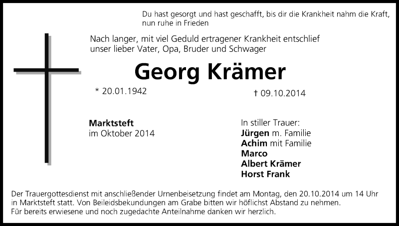  Traueranzeige für Georg Krämer vom 16.10.2014 aus MGO