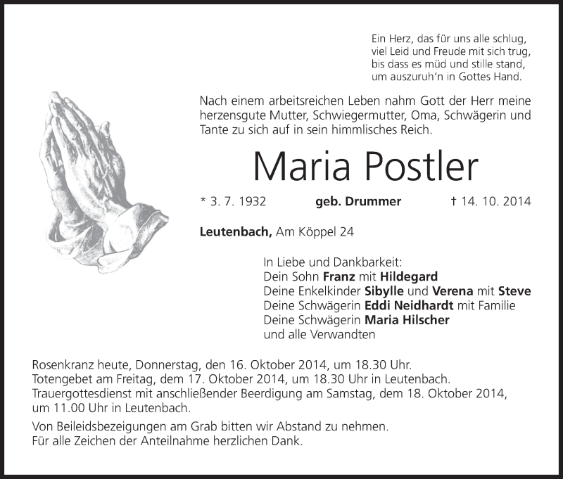  Traueranzeige für Maria Postler vom 16.10.2014 aus MGO