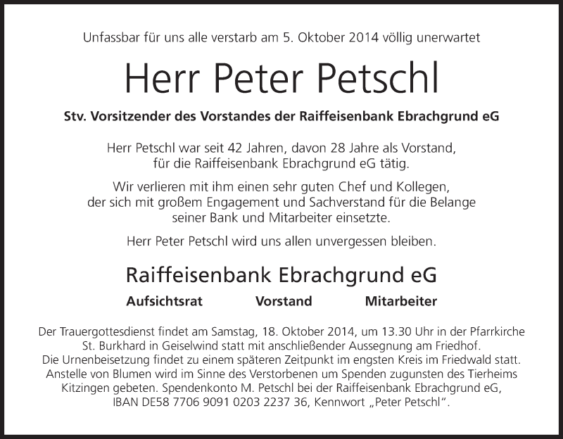  Traueranzeige für Peter Petschl vom 16.10.2014 aus MGO