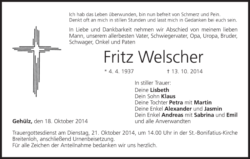  Traueranzeige für Fritz Welscher vom 18.10.2014 aus MGO