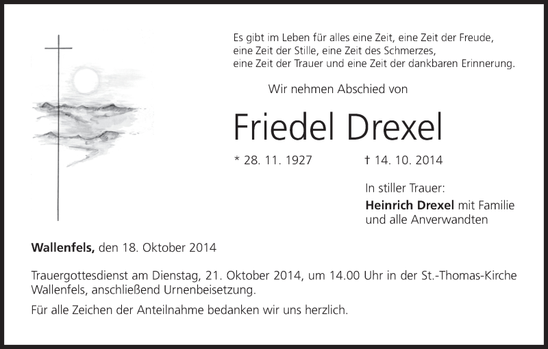  Traueranzeige für Friedel Drexel vom 18.10.2014 aus MGO