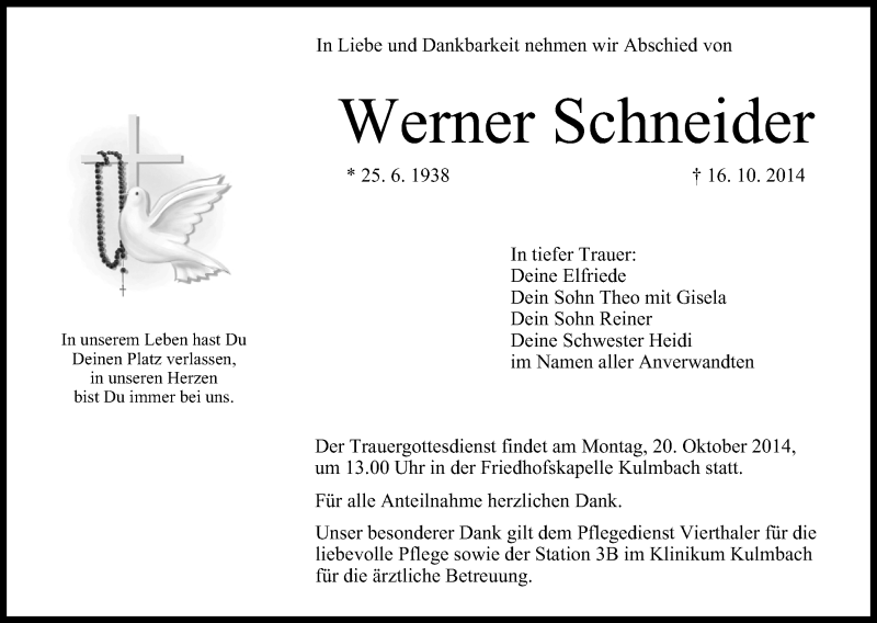  Traueranzeige für Werner Schneider vom 18.10.2014 aus MGO
