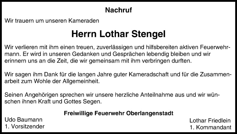  Traueranzeige für Lothar Stengel vom 17.10.2014 aus MGO