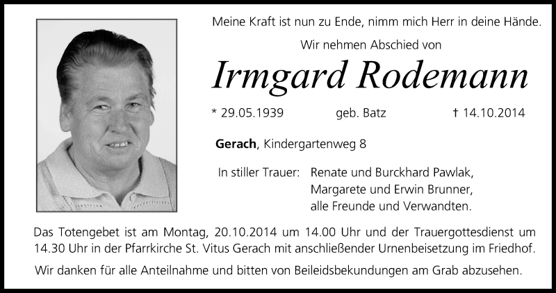  Traueranzeige für Irmgard Rodemann vom 17.10.2014 aus MGO