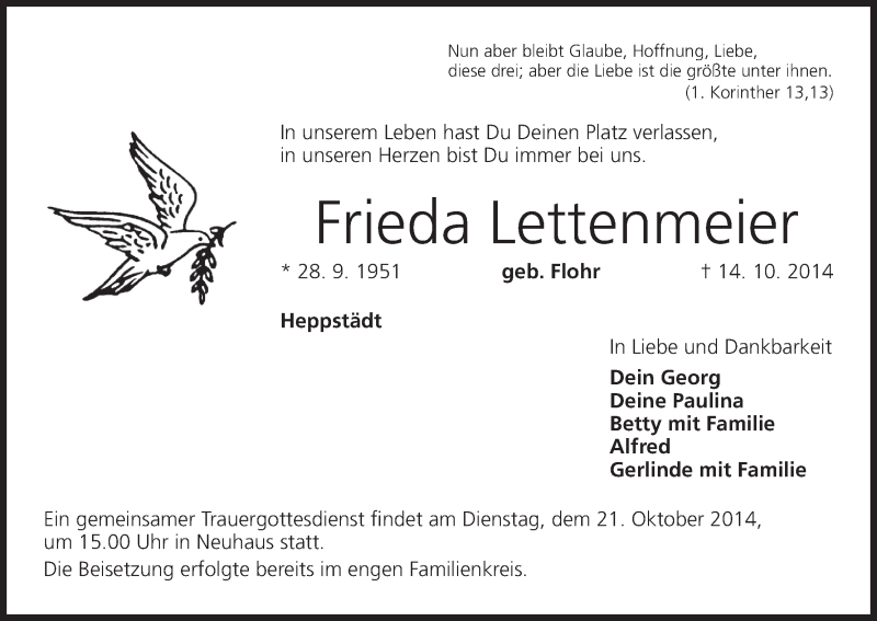  Traueranzeige für Frieda Lettenmeier vom 18.10.2014 aus MGO