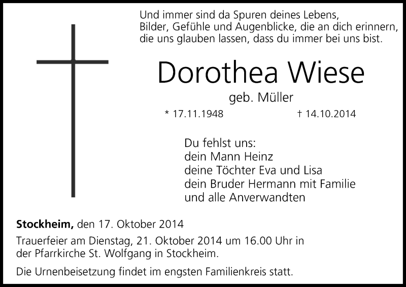  Traueranzeige für Dorothea Wiese vom 17.10.2014 aus MGO