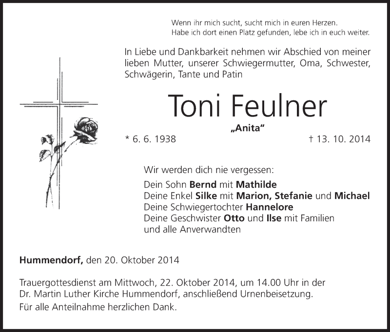  Traueranzeige für Toni Feulner vom 20.10.2014 aus MGO