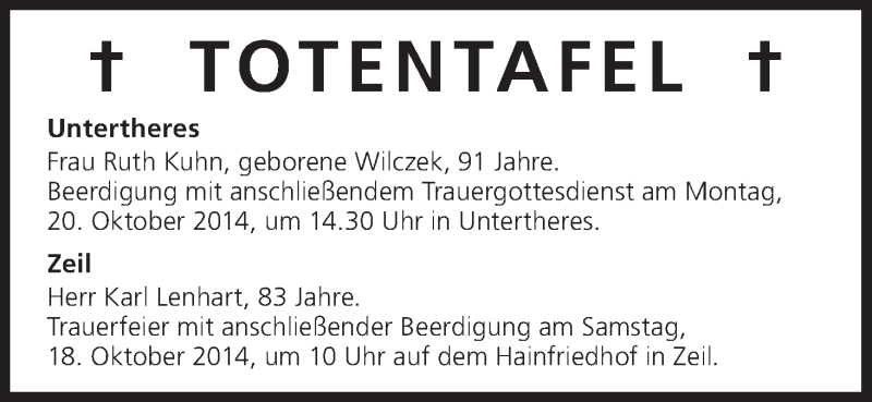  Traueranzeige für Totentafel vom 18.10.2014 vom 18.10.2014 aus MGO