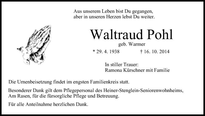  Traueranzeige für Waltraud Pohl vom 22.10.2014 aus MGO