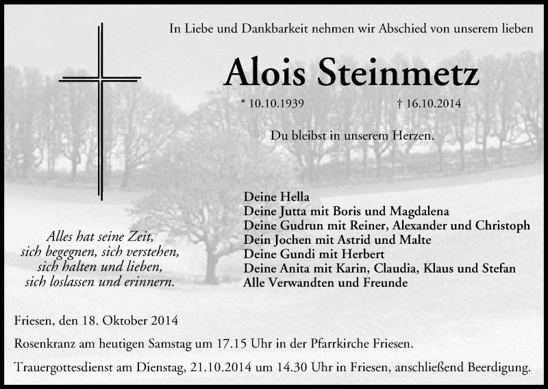  Traueranzeige für Alois Steinmetz vom 18.10.2014 aus MGO