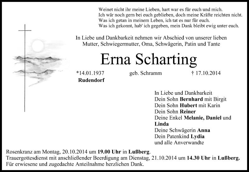  Traueranzeige für Erna Scharting vom 18.10.2014 aus MGO