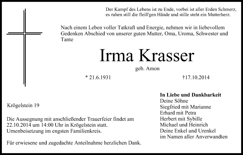  Traueranzeige für Irma Krasser vom 20.10.2014 aus MGO