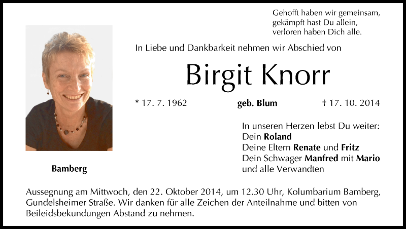  Traueranzeige für Birgit Knorr vom 20.10.2014 aus MGO