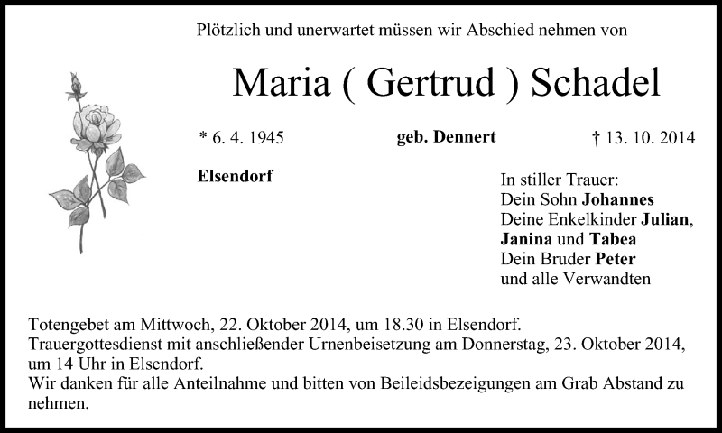  Traueranzeige für Maria Schadel vom 21.10.2014 aus MGO
