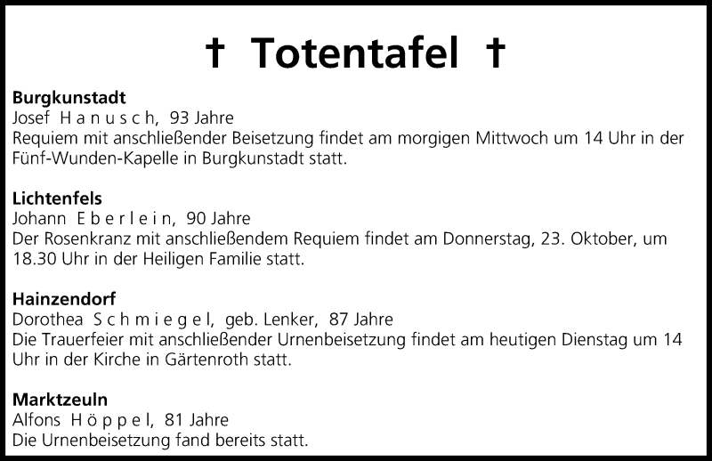  Traueranzeige für Totentafel vom 21.10.2014 vom 21.10.2014 aus MGO