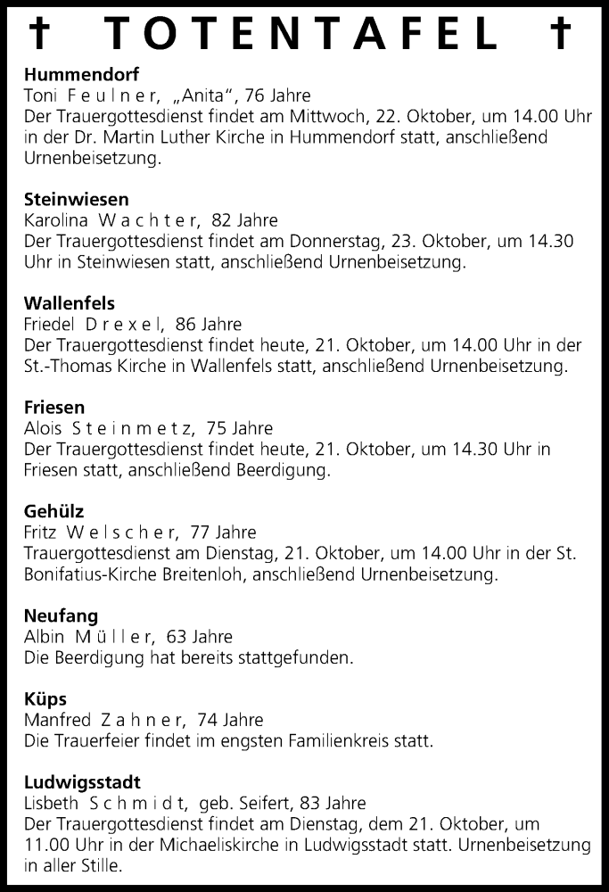  Traueranzeige für Totentafel vom 21.10.2014 vom 21.10.2014 aus MGO