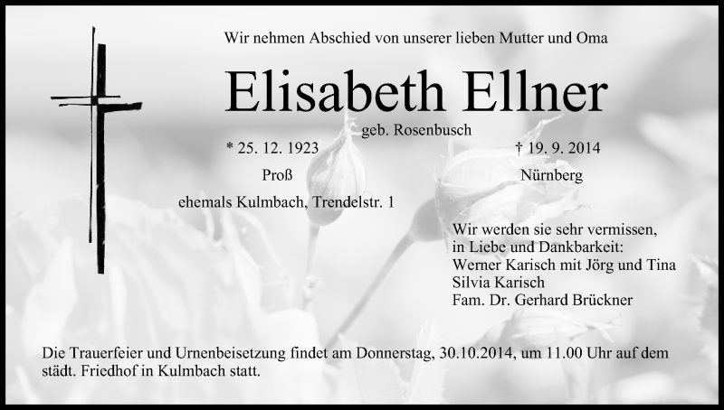  Traueranzeige für Elisabeth Ellner vom 27.10.2014 aus MGO