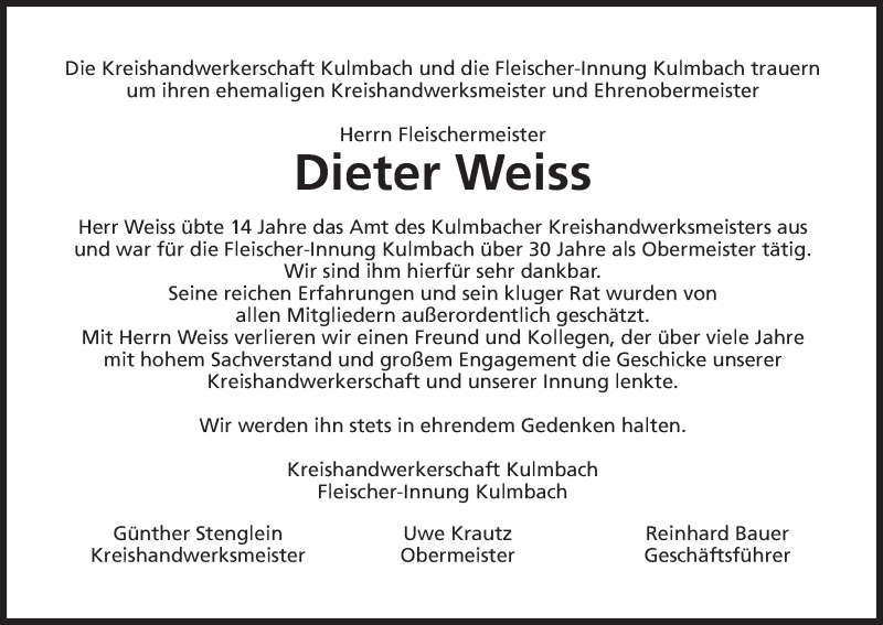  Traueranzeige für Dieter Weiss vom 21.10.2014 aus MGO