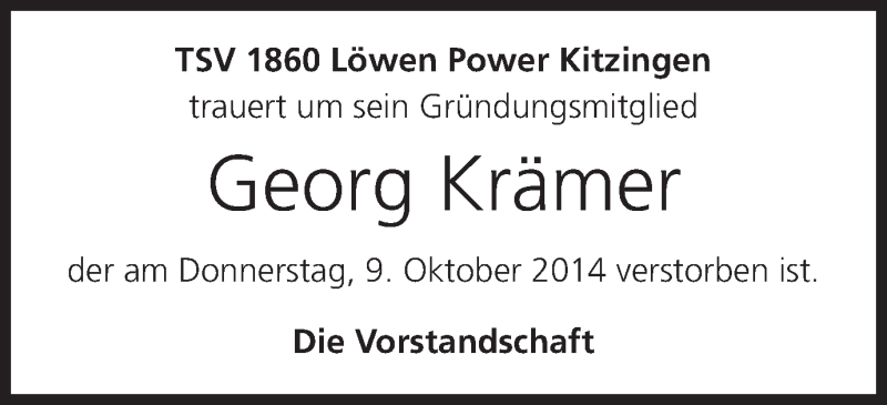 Traueranzeige für Georg Krämer vom 21.10.2014 aus MGO