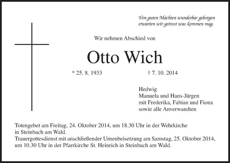  Traueranzeige für Otto Wich vom 22.10.2014 aus MGO