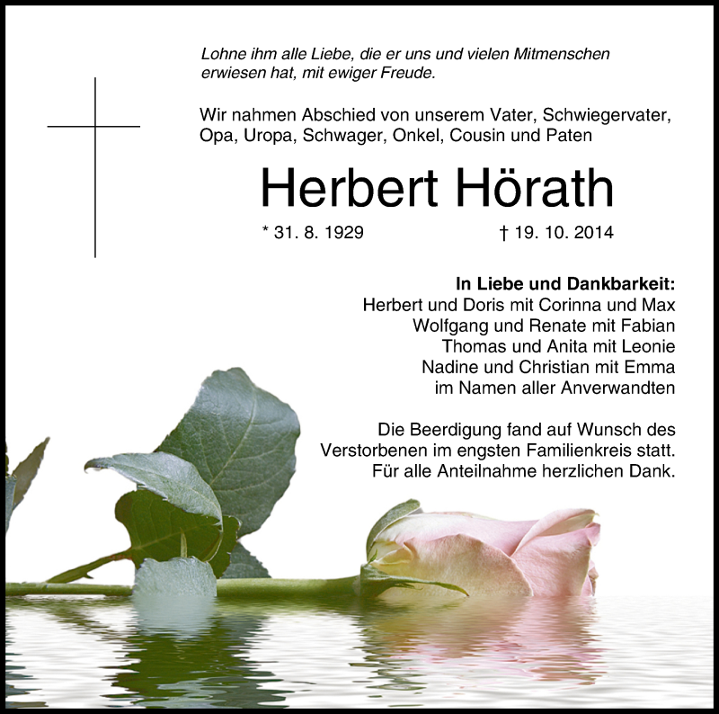  Traueranzeige für Herbert Hörath vom 25.10.2014 aus MGO