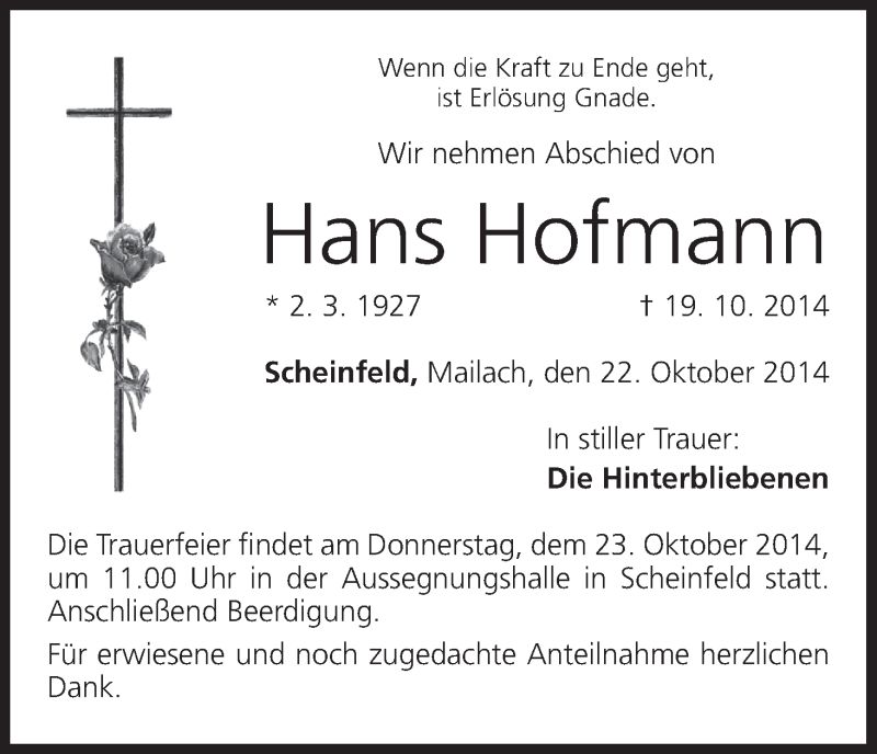  Traueranzeige für Hans Hofmann vom 22.10.2014 aus MGO