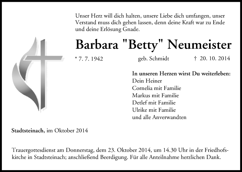  Traueranzeige für Barbara Neumeister vom 22.10.2014 aus MGO