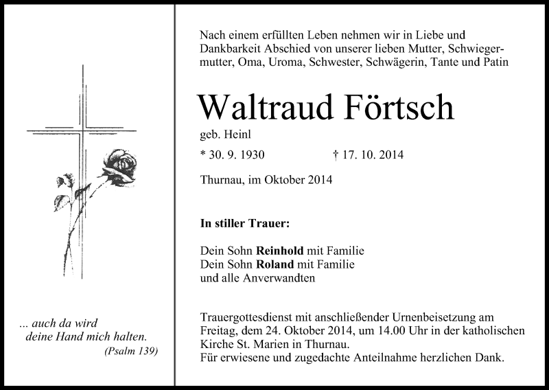 Traueranzeige für Waltraud Förtsch vom 22.10.2014 aus MGO