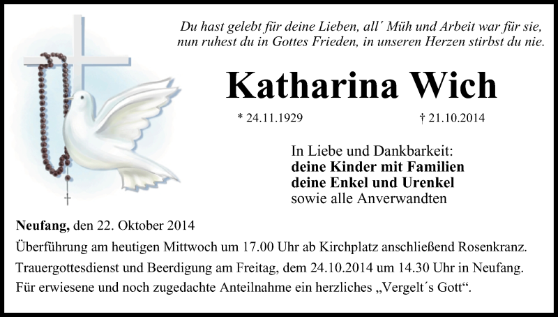  Traueranzeige für Katharina Wich vom 22.10.2014 aus MGO
