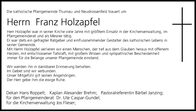  Traueranzeige für Franz Holzapfel vom 23.10.2014 aus MGO