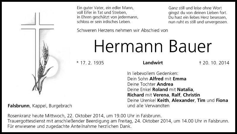  Traueranzeige für Hermann Bauer vom 22.10.2014 aus MGO