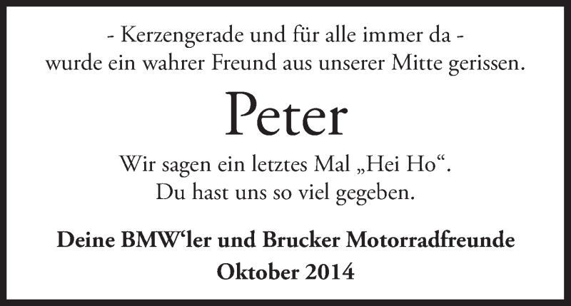  Traueranzeige für Peter  vom 22.10.2014 aus MGO