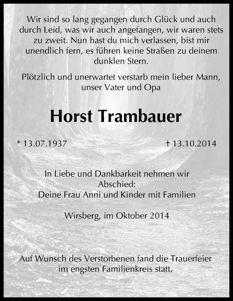  Traueranzeige für Horst Trambauer vom 25.10.2014 aus MGO