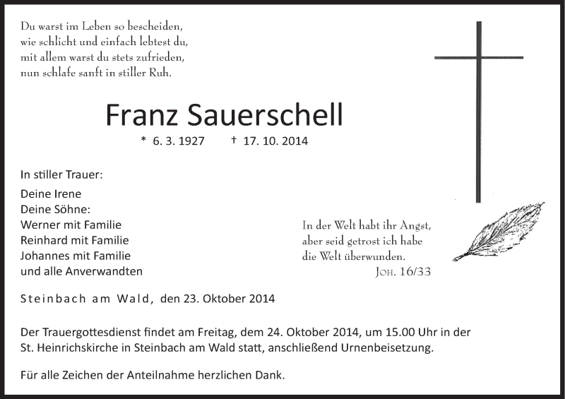  Traueranzeige für Franz Sauerschell vom 23.10.2014 aus MGO