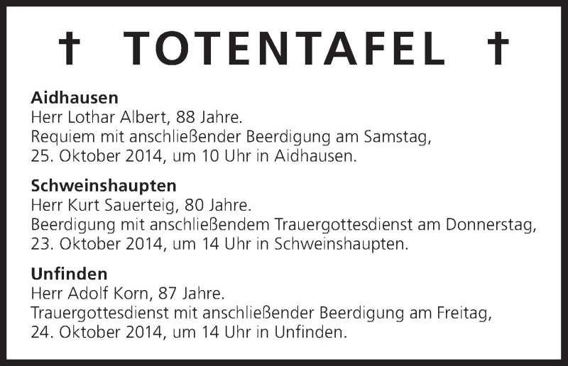  Traueranzeige für Totentafel vom 23.10.2014 vom 23.10.2014 aus MGO