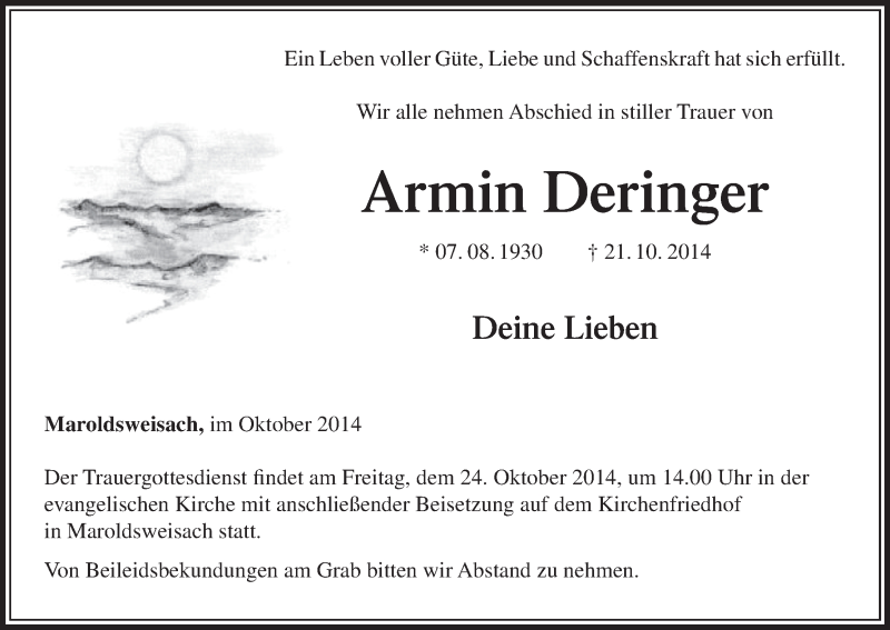  Traueranzeige für Armin Deringer vom 23.10.2014 aus MGO