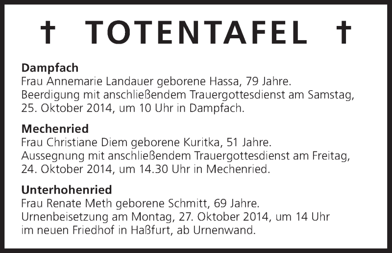  Traueranzeige für Totentafel vom 24.10.2014 vom 24.10.2014 aus MGO