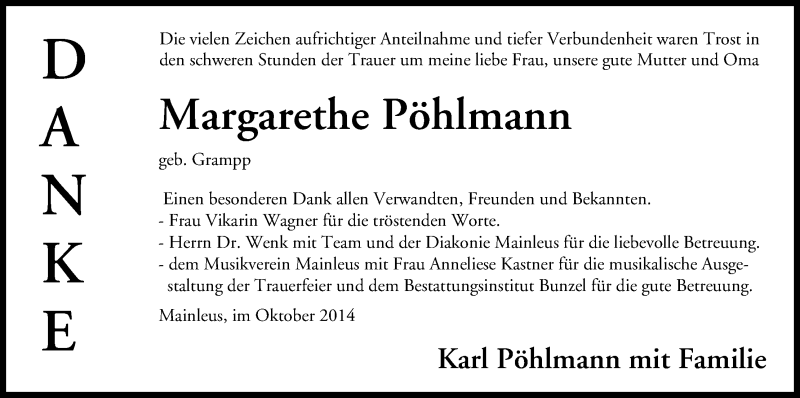  Traueranzeige für Margarethe Pöhlmann vom 25.10.2014 aus MGO