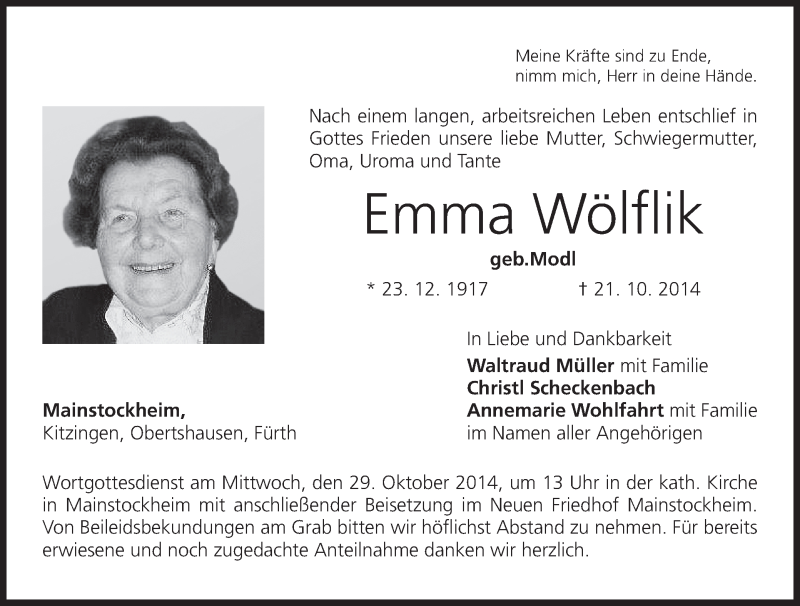  Traueranzeige für Emma Wölflik vom 25.10.2014 aus MGO