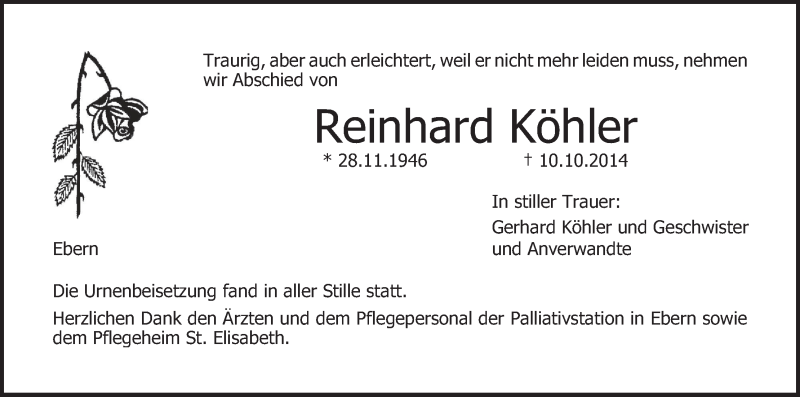  Traueranzeige für Reinhard Köhler vom 30.10.2014 aus MGO