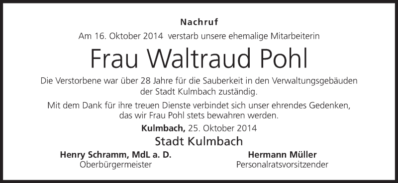  Traueranzeige für Waltraud Pohl vom 25.10.2014 aus MGO