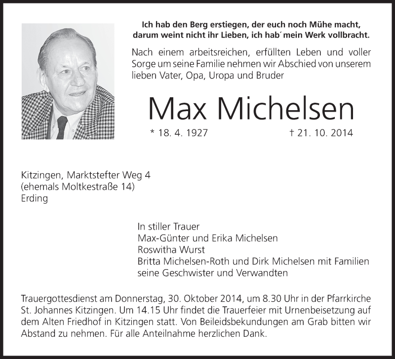  Traueranzeige für Max Michelsen vom 28.10.2014 aus MGO