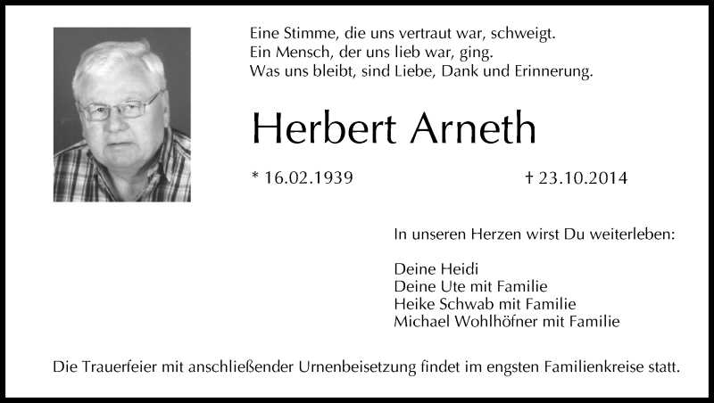  Traueranzeige für Herbert Arneth vom 25.10.2014 aus MGO