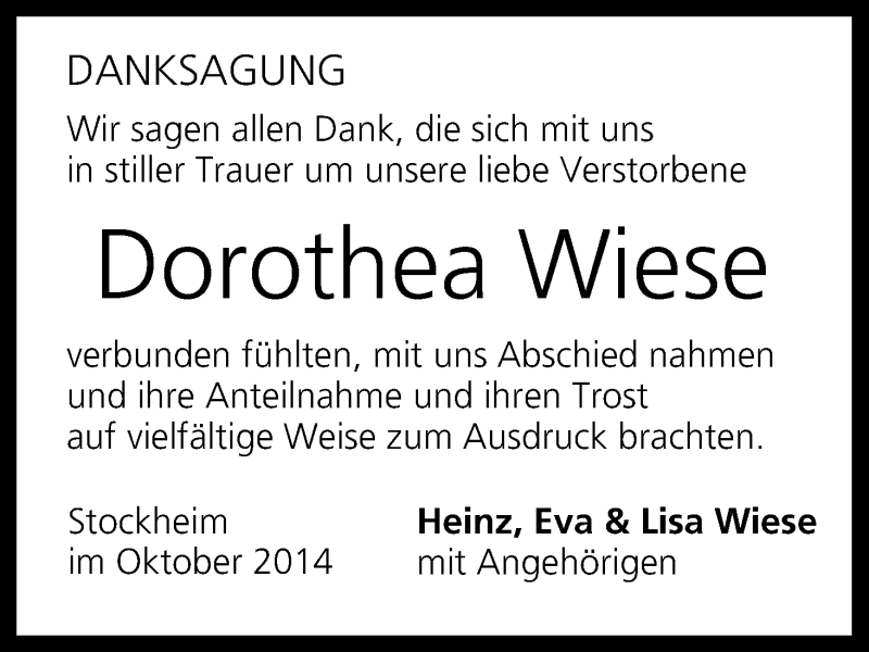  Traueranzeige für Dorothea Wiese vom 25.10.2014 aus MGO
